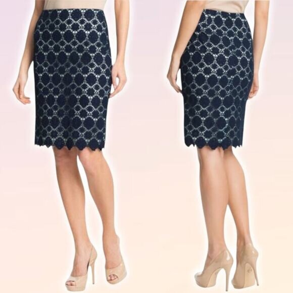 NWT VINCE CAMUTO Downtown Oasis Crochet Lace Pencil Skirt Sz 2 Blue - Picture 1 of 6
